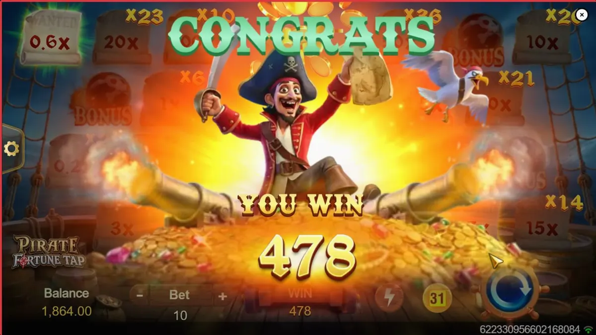 Pemandangan aksi tembak-menembak meriam di permainan Pirate Fortune Tap