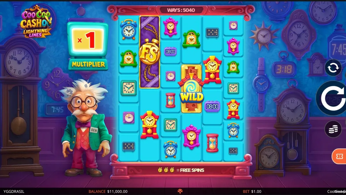 Tampilan visual slot Coo Coo Cashoo dengan tema bengkel jam eksentrik
