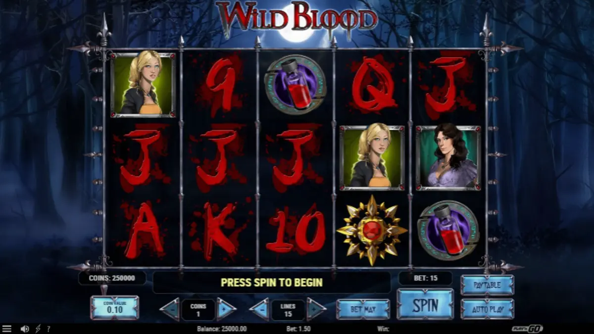 Tampilan visual slot Wild Blood dengan tema vampir dan suasana gotik yang mencekam.